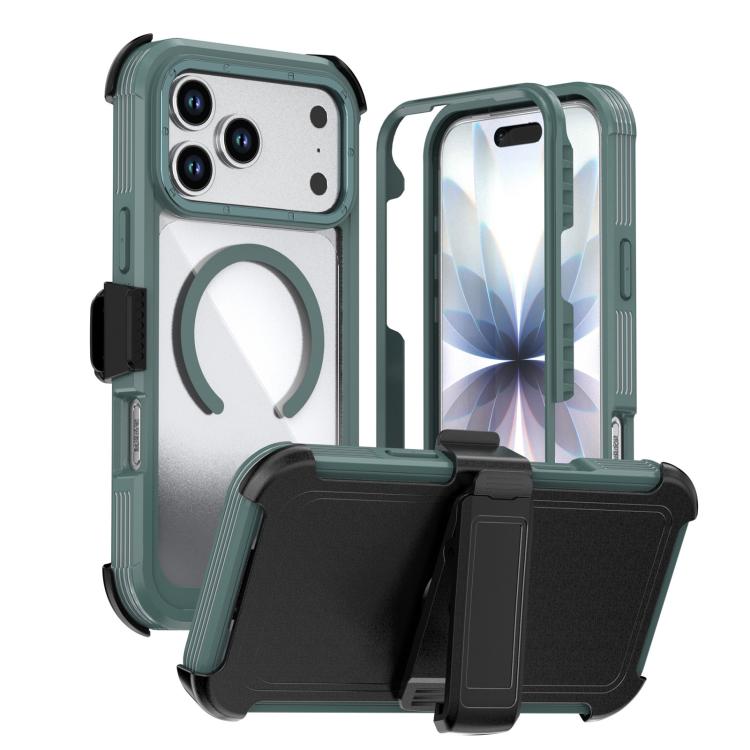For iPhone 17 Pro Acrylic Full Coverage Magnetic Phone Case with Back Clip(Dark Green)