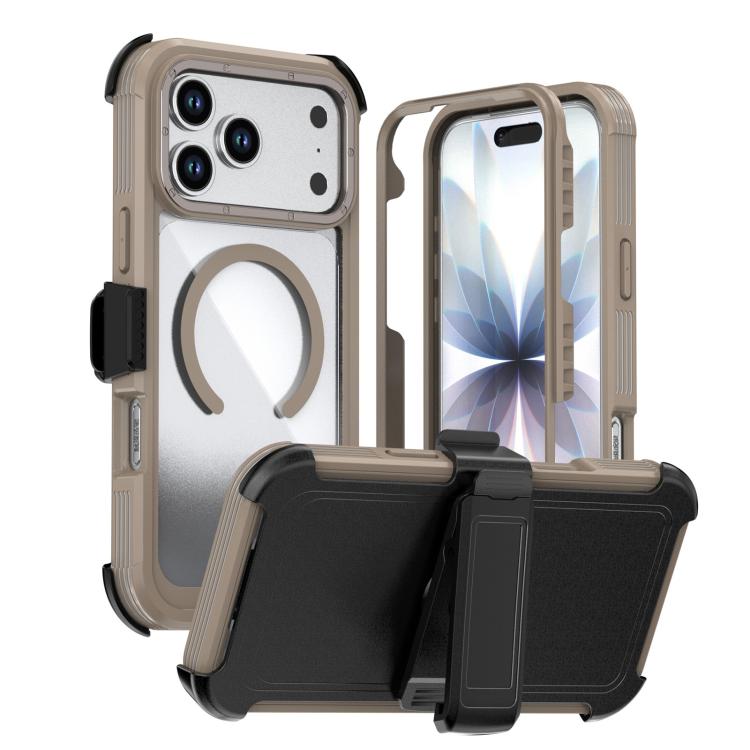 For iPhone 17 Pro Acrylic Full Coverage Magnetic Phone Case with Back Clip(Desert Gold)