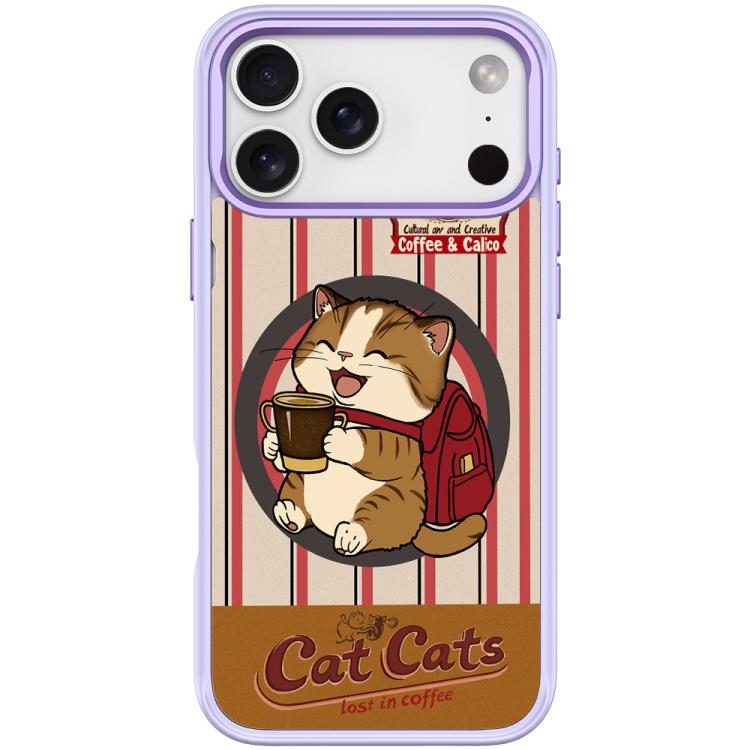 For iPhone 17 Pro Adorable Coffee Cat Pattern Magnetic Phone Case(Light Purple)