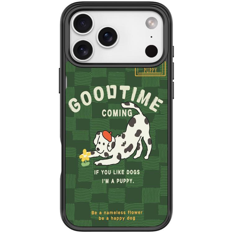 For iPhone 17 Pro Adorable Flower Catching Dog Pattern Magnetic Phone Case(Black)