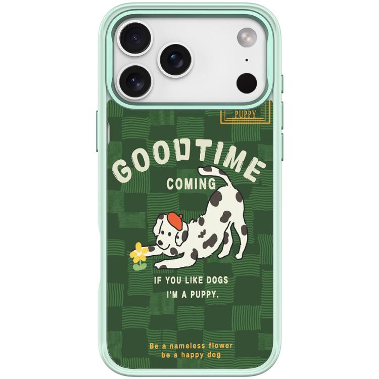 For iPhone 17 Pro Adorable Flower Catching Dog Pattern Magnetic Phone Case(Light Green)