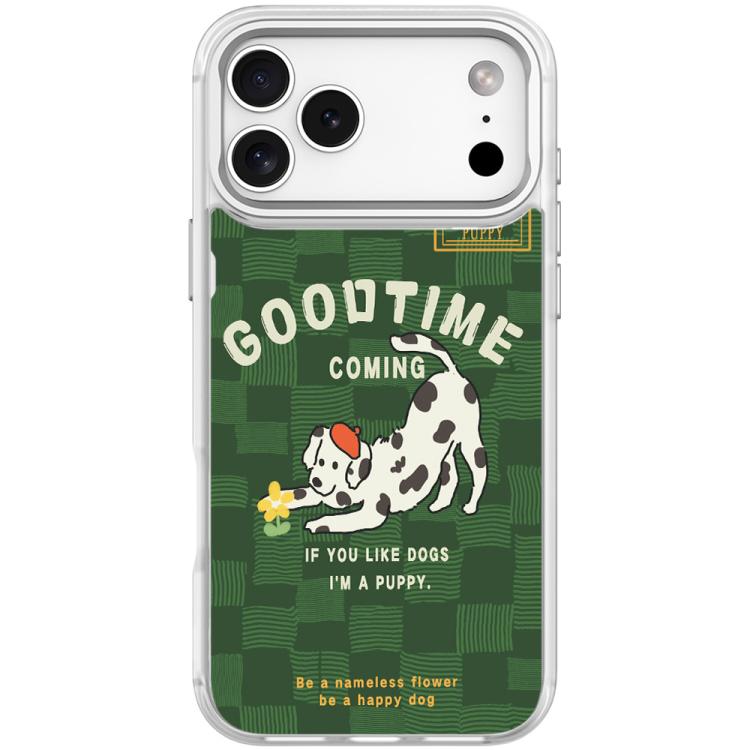 For iPhone 17 Pro Adorable Flower Catching Dog Pattern Magnetic Phone Case(Transparent White)