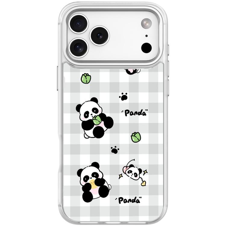 For iPhone 17 Pro Adorable Grid Panda Pattern Magnetic Phone Case(Transparent White)