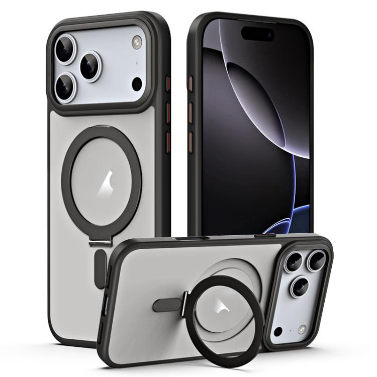 For iPhone 17 Pro Airbag MagSafe Shockproof Frosted Phone Case with Fold Holder(Black)