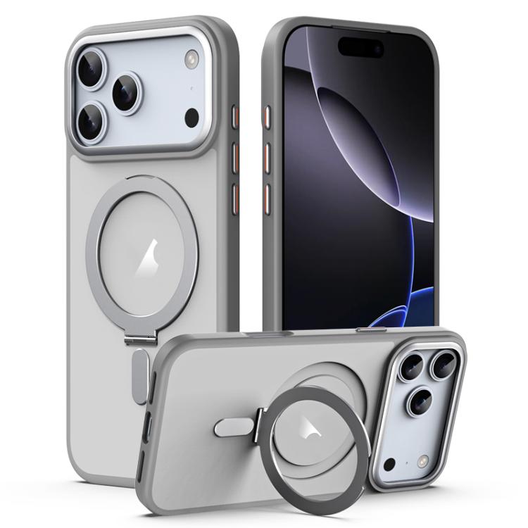 For iPhone 17 Pro Airbag MagSafe Shockproof Frosted Phone Case with Fold Holder(Grey)