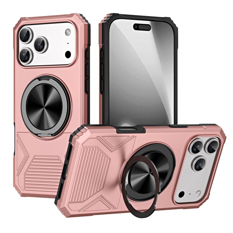 For iPhone 17 Pro Alloy Rotating Holder MagSafe Shockproof Phone Case(Rose Gold)
