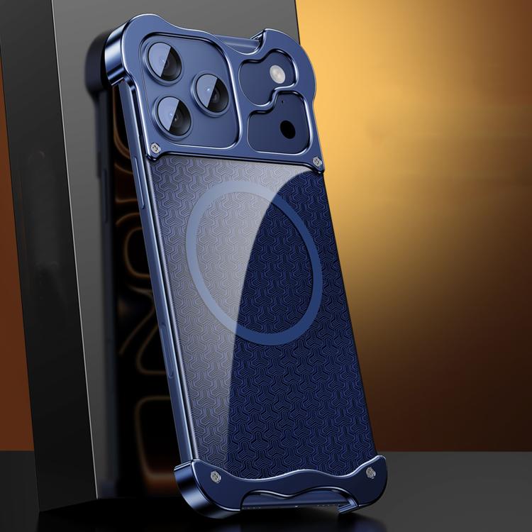 For iPhone 17 Pro Aluminum Alloy Borderless MagSafe Gilded Armor Pattern Phone Case(Blue)