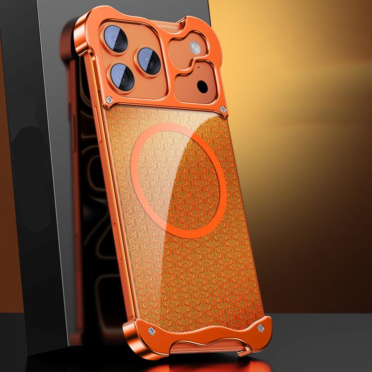 For iPhone 17 Pro Aluminum Alloy Borderless MagSafe Gilded Armor Pattern Phone Case(Orange)