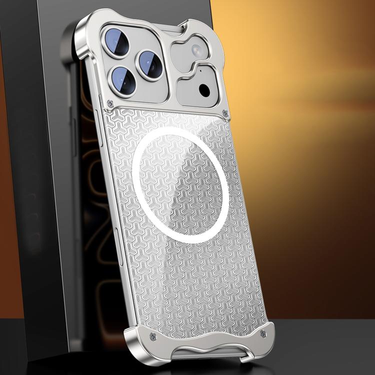 For iPhone 17 Pro Aluminum Alloy Borderless MagSafe Gilded Armor Pattern Phone Case(Silver)