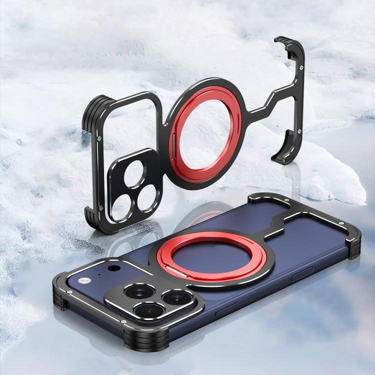 For iPhone 17 Pro Armor Alloy Frameless MagSafe Magnetic Bracket Heat Dissipation Metal Phone Case(Black Red)