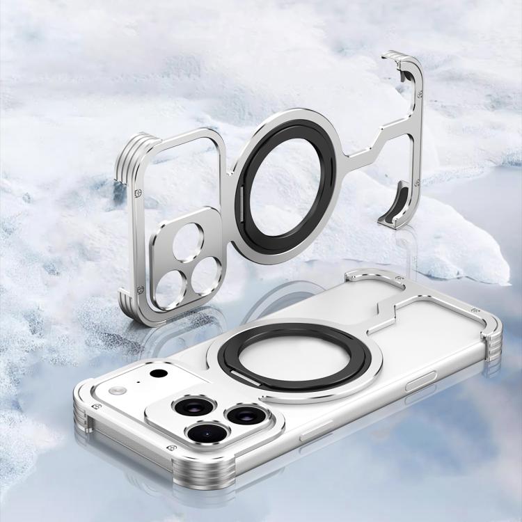For iPhone 17 Pro Armor Alloy Frameless MagSafe Magnetic Bracket Heat Dissipation Metal Phone Case(Silver Black)