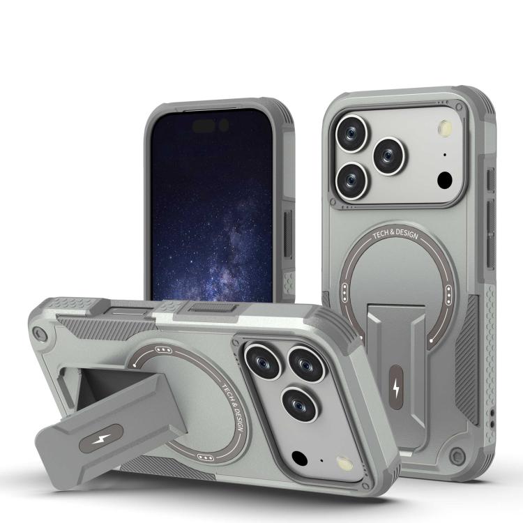 For iPhone 17 Pro Armor Magsafe Holder PC Hybrid TPU Phone Case(Grey)