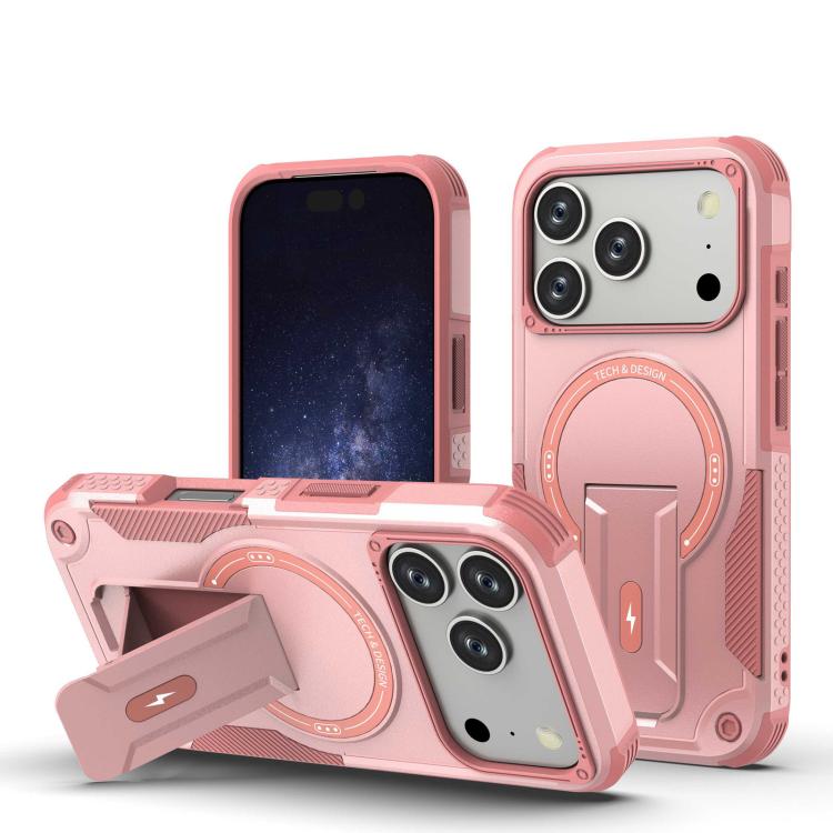 For iPhone 17 Pro Armor Magsafe Holder PC Hybrid TPU Phone Case(Pink)