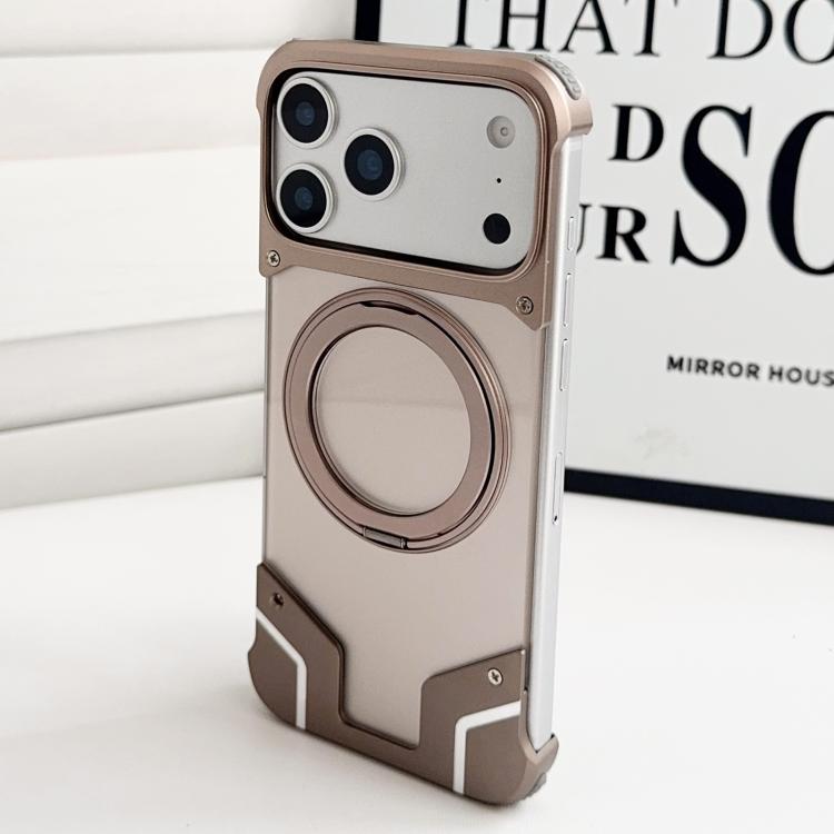 For iPhone 17 Pro Armor Original Color Metal Frameless 360 Rotation Holder Magnetic Phone Case(Dessert Gold)