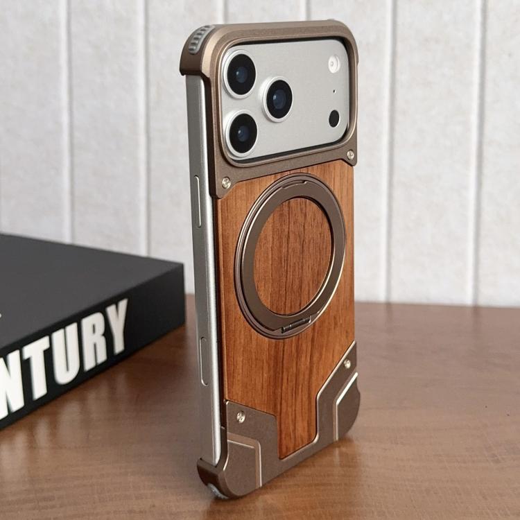 For iPhone 17 Pro Armor Walnut Wood Metal Frameless 360 Rotation Holder Magnetic Phone Case(Dessert Gold)
