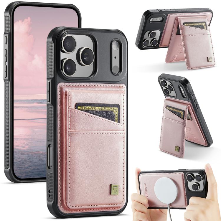 For iPhone 17 Pro AutSpace A12 MagSafe Magnetic RFID Card Bag Phone Case(Rose Gold)