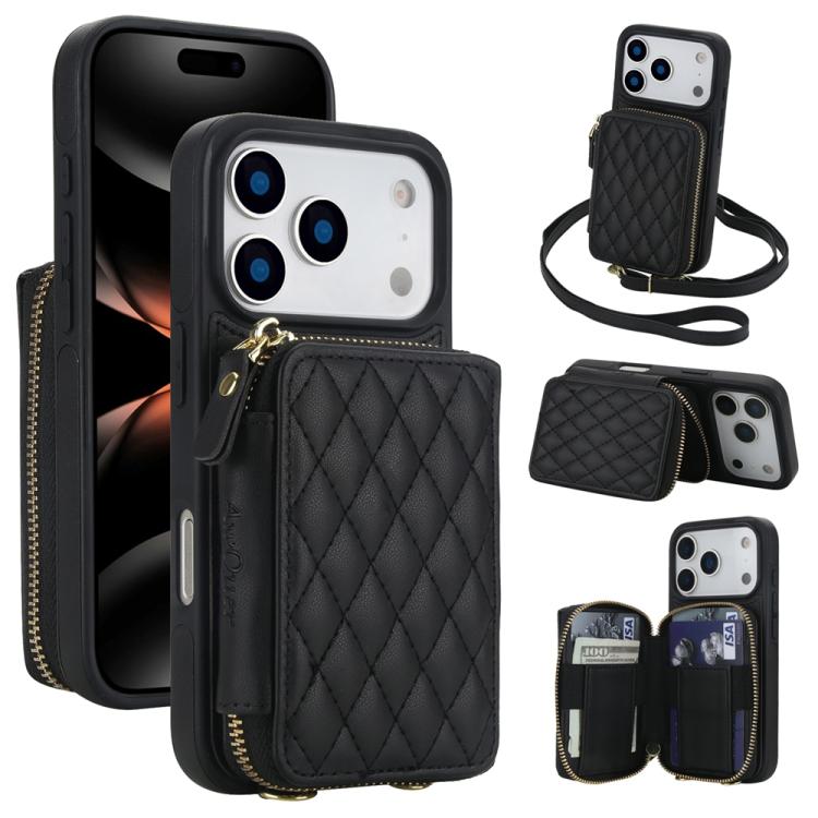 For iPhone 17 Pro AwQuer Crossbody Zipper Wallet Rhombic Leather Back Phone Case(Black)