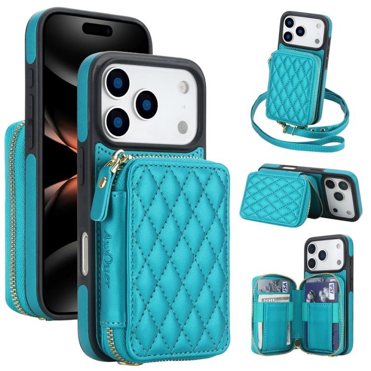 For iPhone 17 Pro AwQuer Crossbody Zipper Wallet Rhombic Leather Back Phone Case(Green)