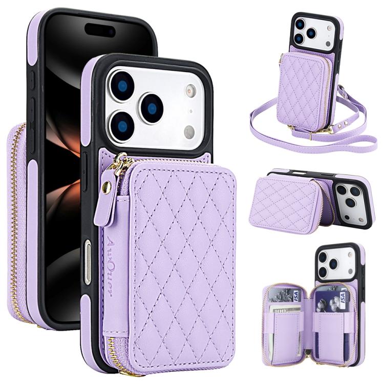For iPhone 17 Pro AwQuer Crossbody Zipper Wallet Rhombic Leather Back Phone Case(Purple)
