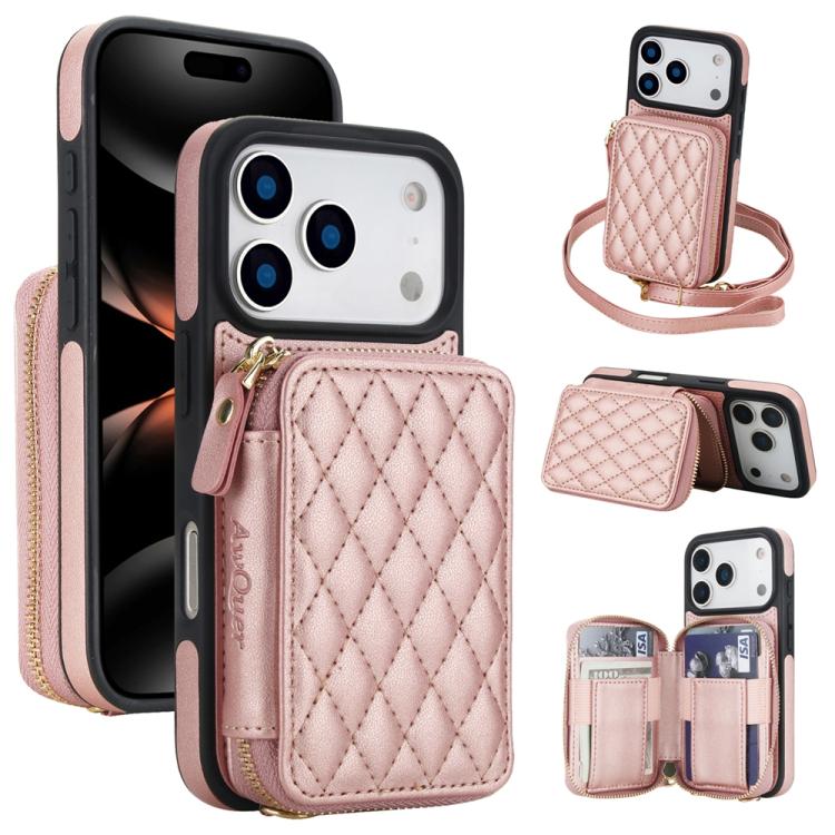 For iPhone 17 Pro AwQuer Crossbody Zipper Wallet Rhombic Leather Back Phone Case(Rose Gold)