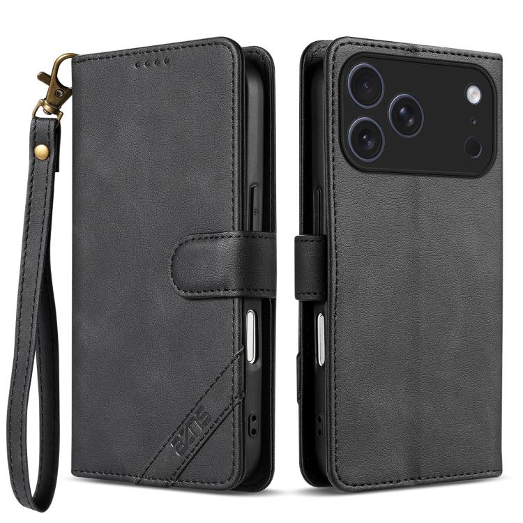 For iPhone 17 Pro AZNS A2 Series Tri-Card Wallet RFID Vegan Leather Phone Case with Strap(Black)