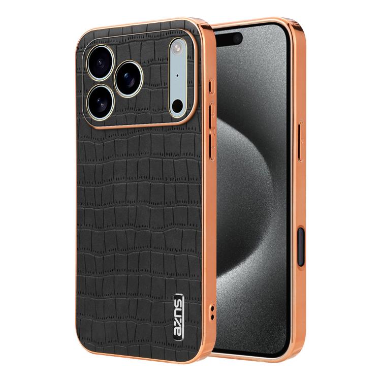 For iPhone 17 Pro AZNS Electroplated Frame Crocodile Texture Full Coverage Phone Case(Black)
