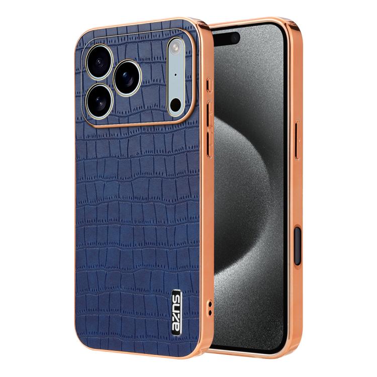 For iPhone 17 Pro AZNS Electroplated Frame Crocodile Texture Full Coverage Phone Case(Blue)