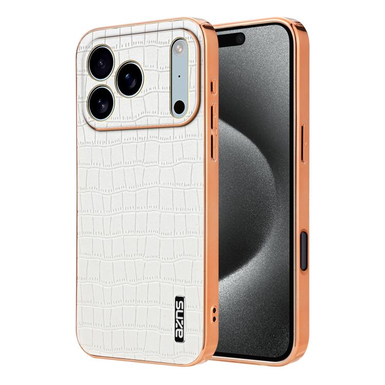 For iPhone 17 Pro AZNS Electroplated Frame Crocodile Texture Full Coverage Phone Case(White)