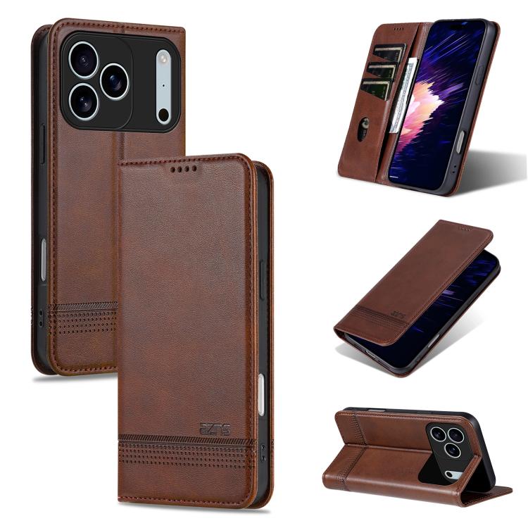 For iPhone 17 Pro AZNS Magnetic Calf Texture Flip Leather Phone Case(Dark Brown)