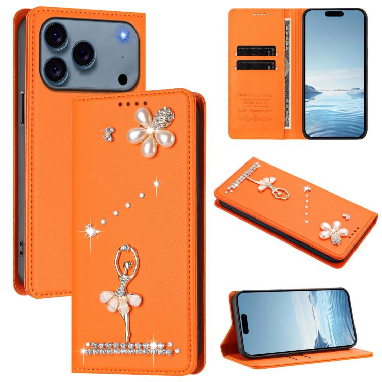 For iPhone 17 Pro Ballet Girl Diamond Studded RFID Vegan Leather Phone Case(Orange)