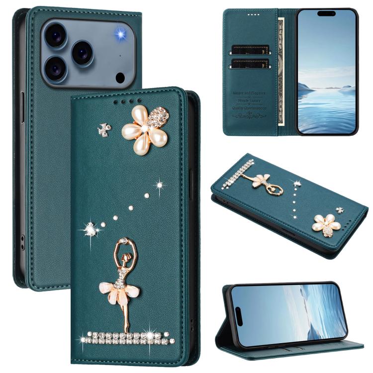 For iPhone 17 Pro Ballet Girl Diamond Studded RFID Vegan Leather Phone Case(Peacock Green)