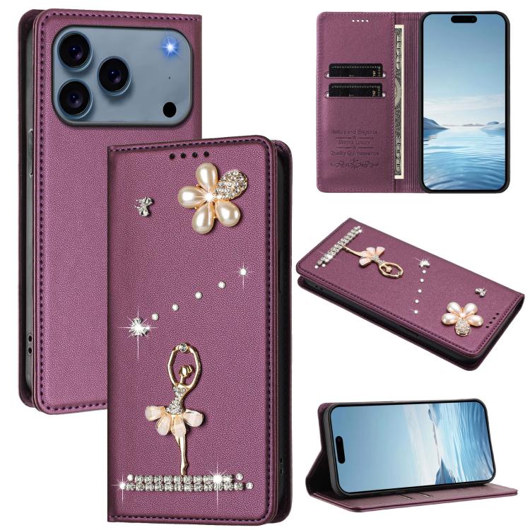 For iPhone 17 Pro Ballet Girl Diamond Studded RFID Vegan Leather Phone Case(Violet)