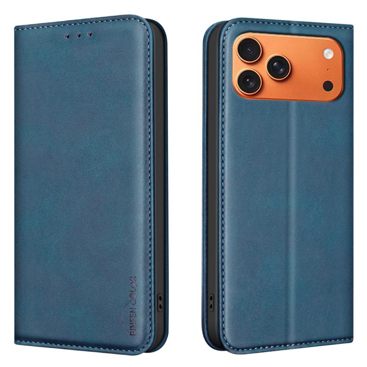 For iPhone 17 Pro BINFEN COLOR Calfskin Texture Magnetic RFID Vegan Leather Phone Case(Blue)