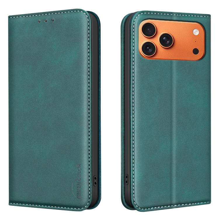For iPhone 17 Pro BINFEN COLOR Calfskin Texture Magnetic RFID Vegan Leather Phone Case(Green)