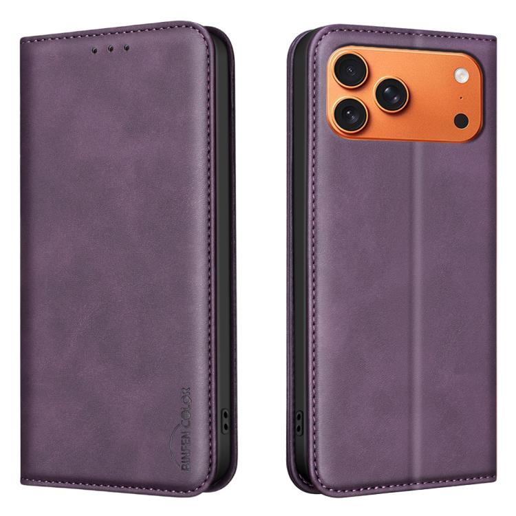 For iPhone 17 Pro BINFEN COLOR Calfskin Texture Magnetic RFID Vegan Leather Phone Case(Purple)