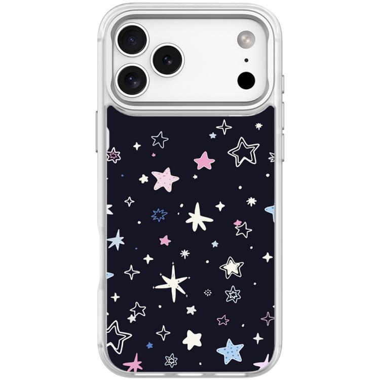 For iPhone 17 Pro Black Background Colorful Stars Pattern Magnetic Phone Case(Transparent White)