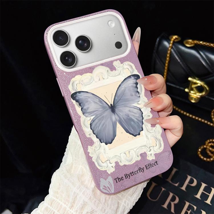 For iPhone 17 Pro Blue Butterfly Pattern IMD Glitter PC Hybrid TPU Phone Case(Purple)