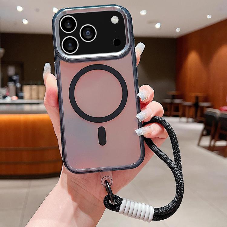 For iPhone 17 Pro Bright Shadow Magsafe Discoloration Phone Case with Wrist Strap(Black)