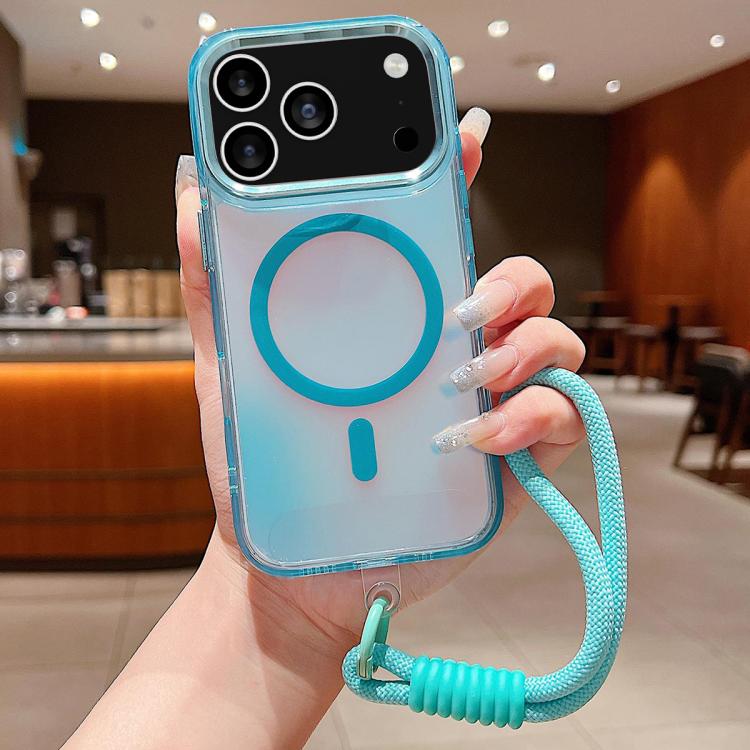 For iPhone 17 Pro Bright Shadow Magsafe Discoloration Phone Case with Wrist Strap(Blue)