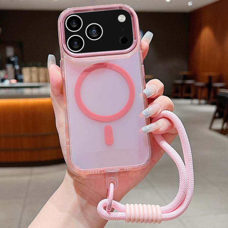 For iPhone 17 Pro Bright Shadow Magsafe Discoloration Phone Case with Wrist Strap(Pink)