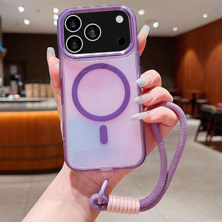 For iPhone 17 Pro Bright Shadow Magsafe Discoloration Phone Case with Wrist Strap(Purple)