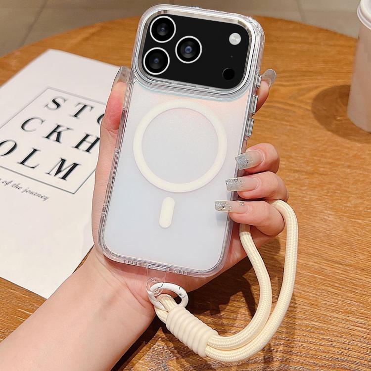 For iPhone 17 Pro Bright Shadow Magsafe Discoloration Phone Case with Wrist Strap(White)