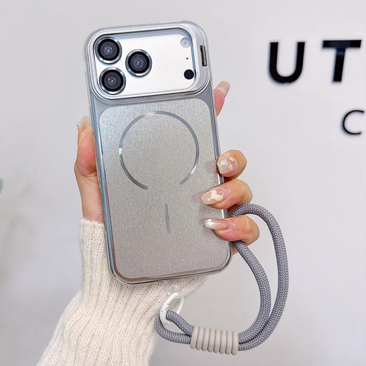 For iPhone 17 Pro Brushed Magnetic Phone Case with Lens Frame Holder & Wrist Strap & Lens Film(Silver)