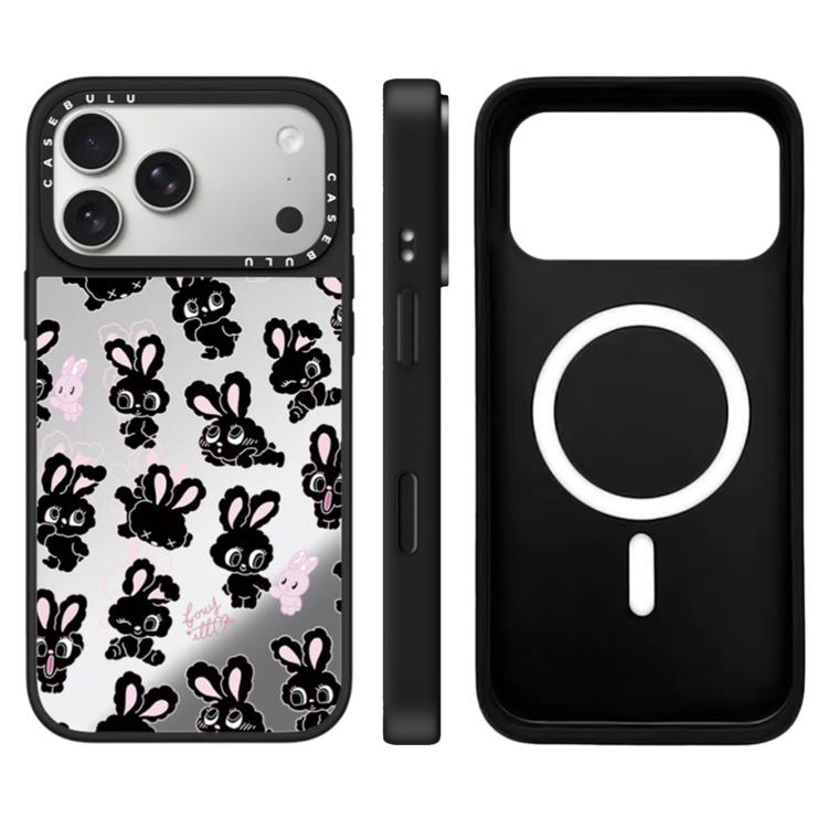 For iPhone 17 Pro Bunny Series Pattern Camera Control Button Mirror Magnetic Phone Case(Black Bunny)