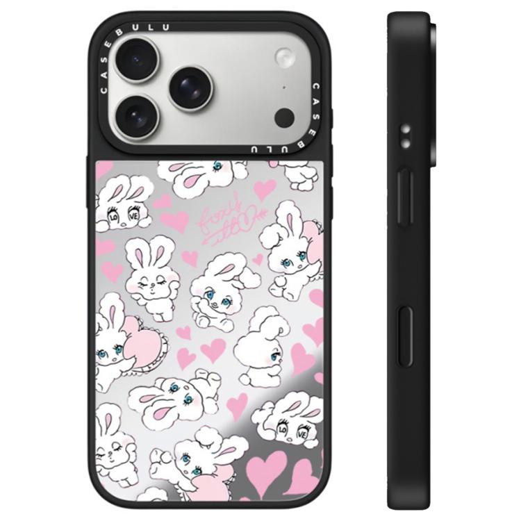 For iPhone 17 Pro Bunny Series Pattern Camera Control Button Mirror Phone Case(Hearts Bunny Silver)