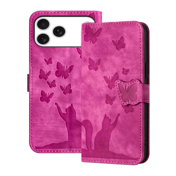 For iPhone 17 Pro Butterfly Cat Embossing Flip Leather Phone Case(Pink)