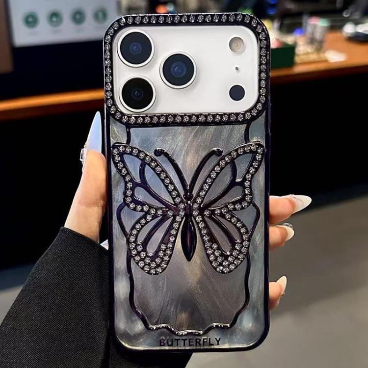 For iPhone 17 Pro Butterfly Electroplating TPU Phone Case with Epoxy Cardboard(Dark Purple)