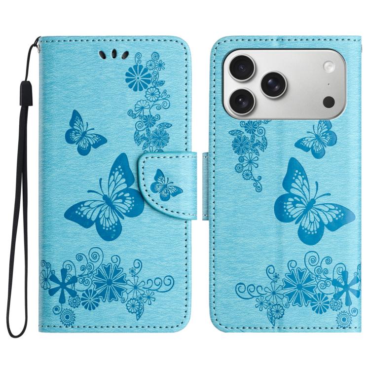 For iPhone 17 Pro Butterfly Embossed Flip Leather Phone Case(Blue)