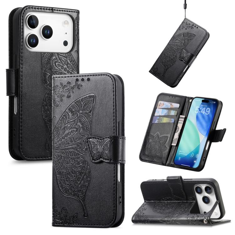 For iPhone 17 Pro Butterfly Love Flower Embossed Leather Phone Case(Black)