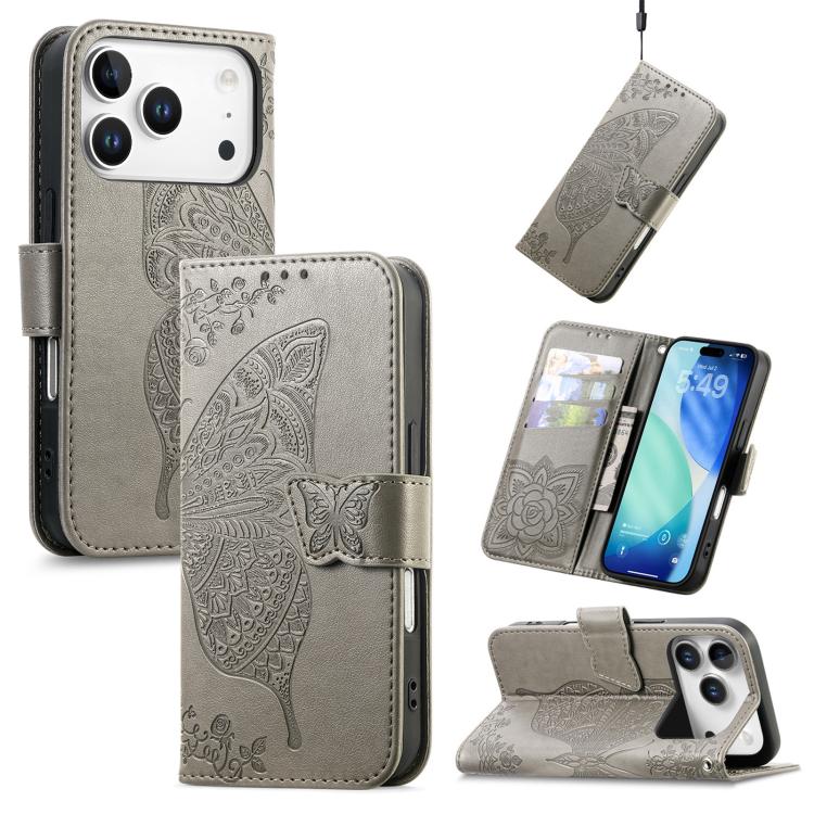 For iPhone 17 Pro Butterfly Love Flower Embossed Leather Phone Case(Gray)